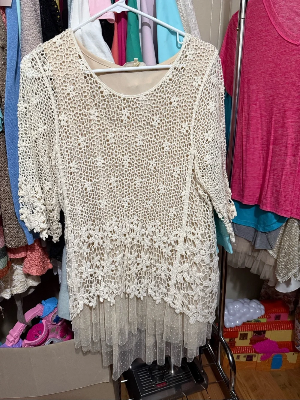 Cream Crochet Lace Overlay Dress with Tulle Hem